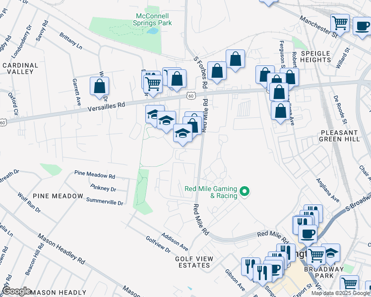 map of restaurants, bars, coffee shops, grocery stores, and more near 1140 Red Mile Place in Lexington