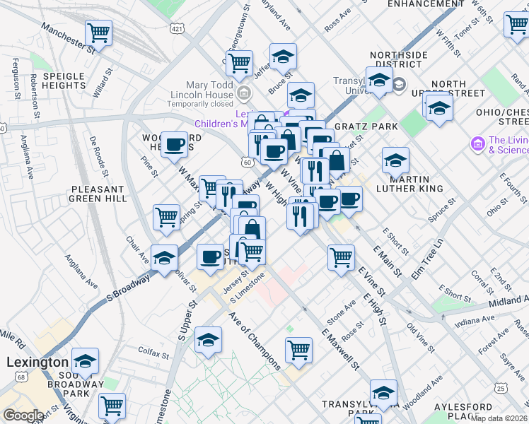 map of restaurants, bars, coffee shops, grocery stores, and more near 330 South Mill Street in Lexington