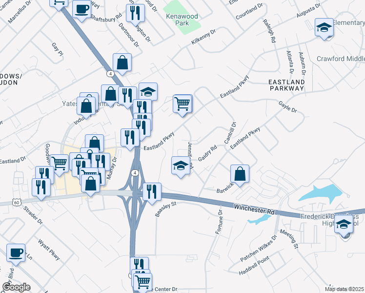 map of restaurants, bars, coffee shops, grocery stores, and more near 1624 Jennifer Road in Lexington