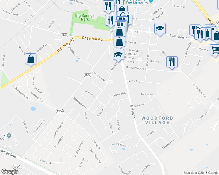 map of restaurants, bars, coffee shops, grocery stores, and more near 206 Macey Avenue in Versailles