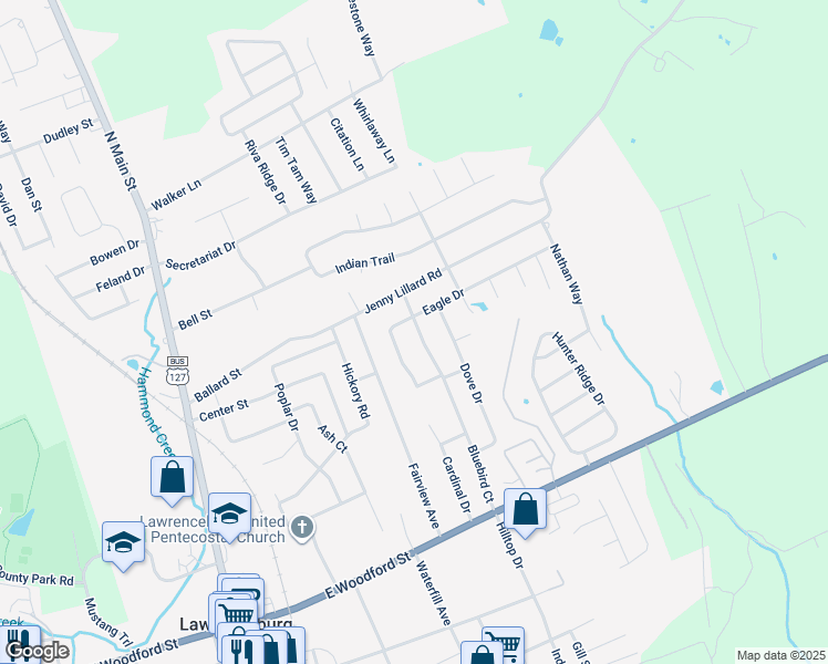 map of restaurants, bars, coffee shops, grocery stores, and more near 213 Bluebird Court in Lawrenceburg