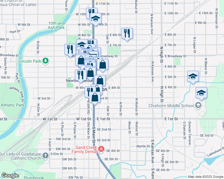 map of restaurants, bars, coffee shops, grocery stores, and more near 209 East 4th Street in Newton