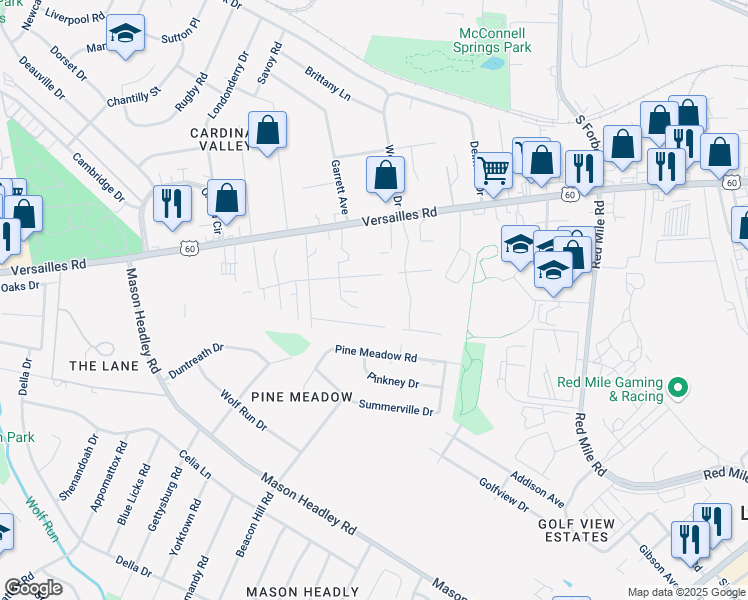 map of restaurants, bars, coffee shops, grocery stores, and more near 1608 Hill Rise Drive in Lexington