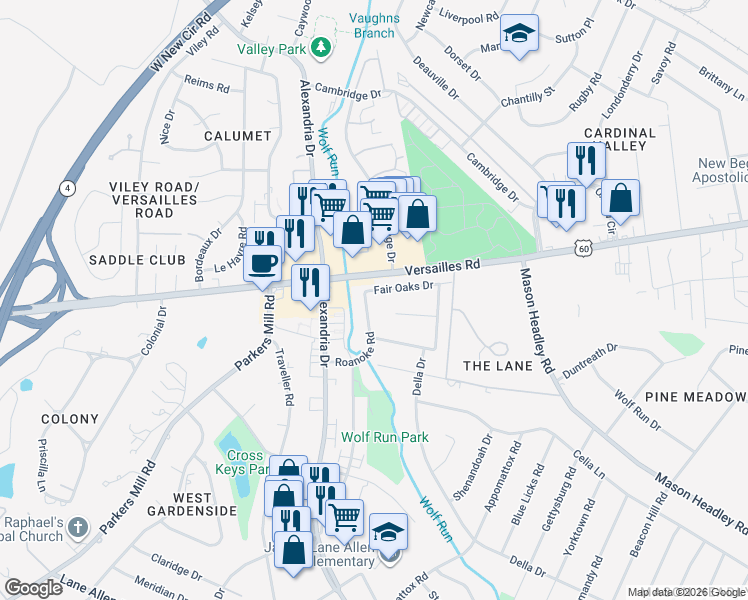 map of restaurants, bars, coffee shops, grocery stores, and more near 1504 Roanoke Road in Lexington