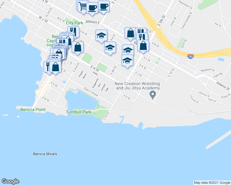 map of restaurants, bars, coffee shops, grocery stores, and more near 480 East G Street in Benicia