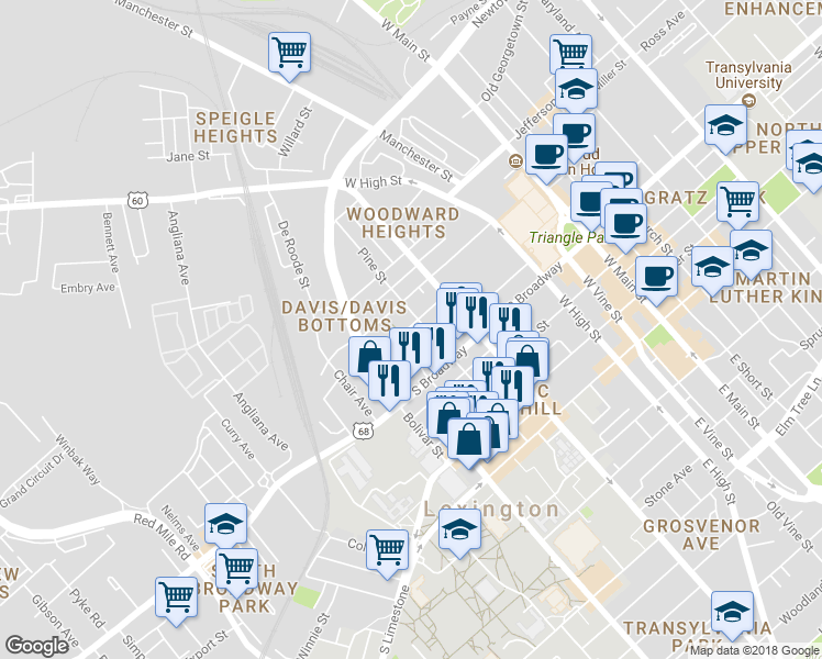 map of restaurants, bars, coffee shops, grocery stores, and more near 512 Dunaway Street in Lexington