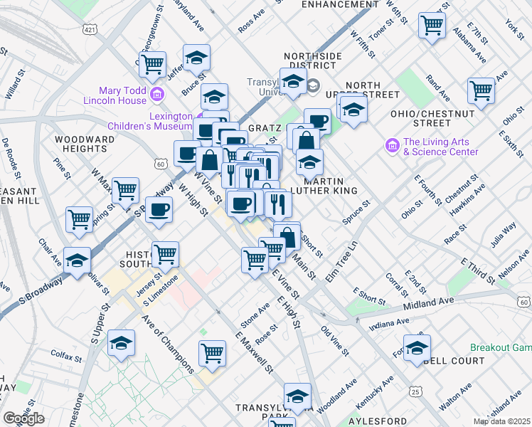 map of restaurants, bars, coffee shops, grocery stores, and more near 120 North Limestone in Lexington