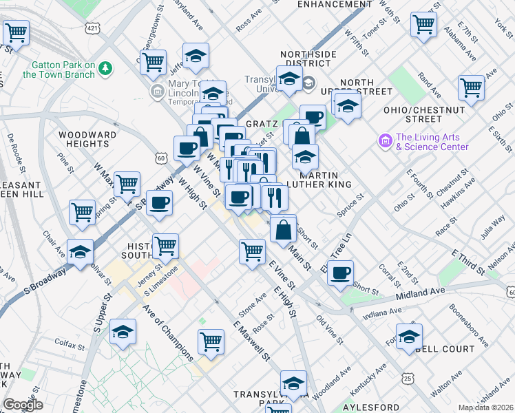 map of restaurants, bars, coffee shops, grocery stores, and more near 101 East Main Street in Lexington