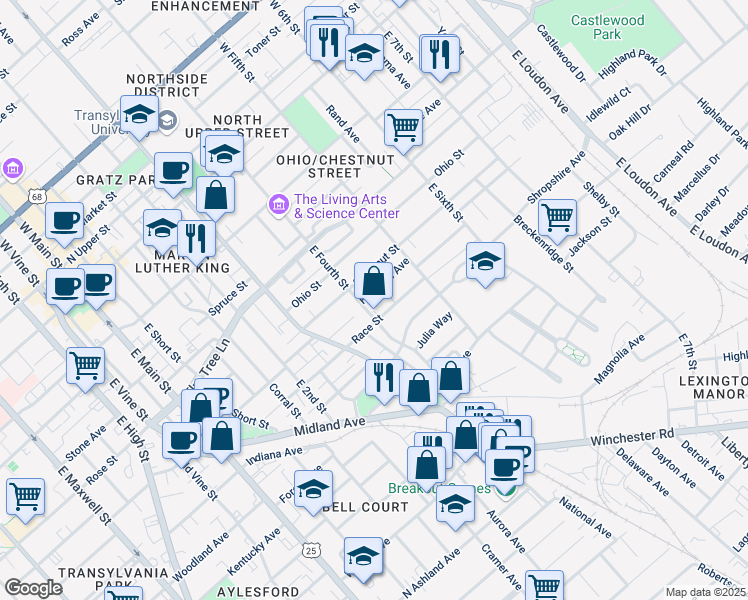 map of restaurants, bars, coffee shops, grocery stores, and more near 412 Hawkins Avenue in Lexington