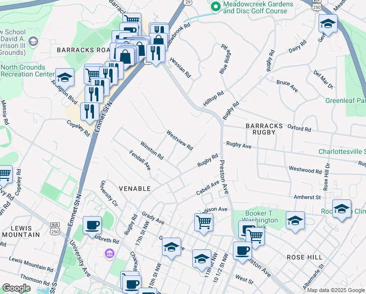 map of restaurants, bars, coffee shops, grocery stores, and more near 1824 Westview Road in Charlottesville