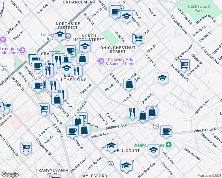 map of restaurants, bars, coffee shops, grocery stores, and more near 332 Ohio Street in Lexington