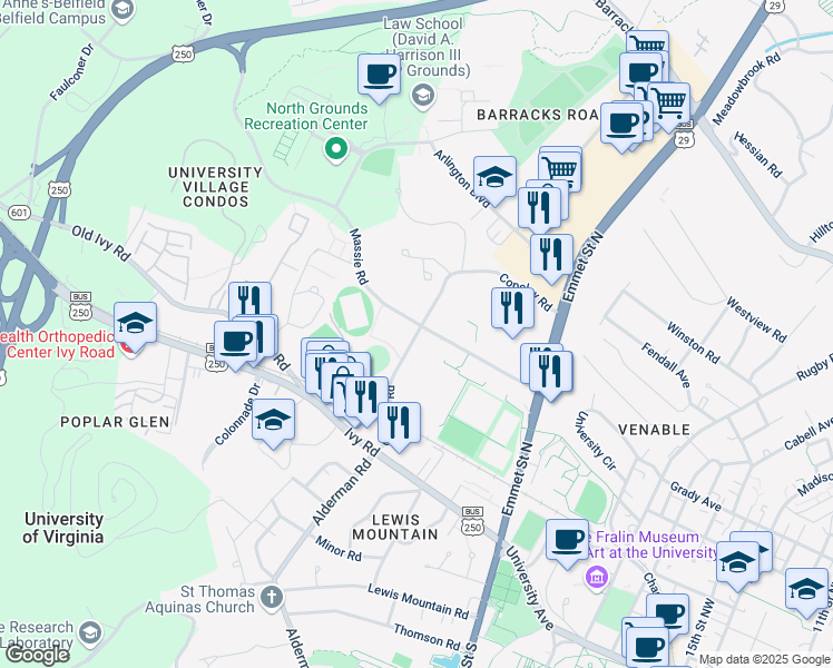 map of restaurants, bars, coffee shops, grocery stores, and more near Copeley Road in Charlottesville