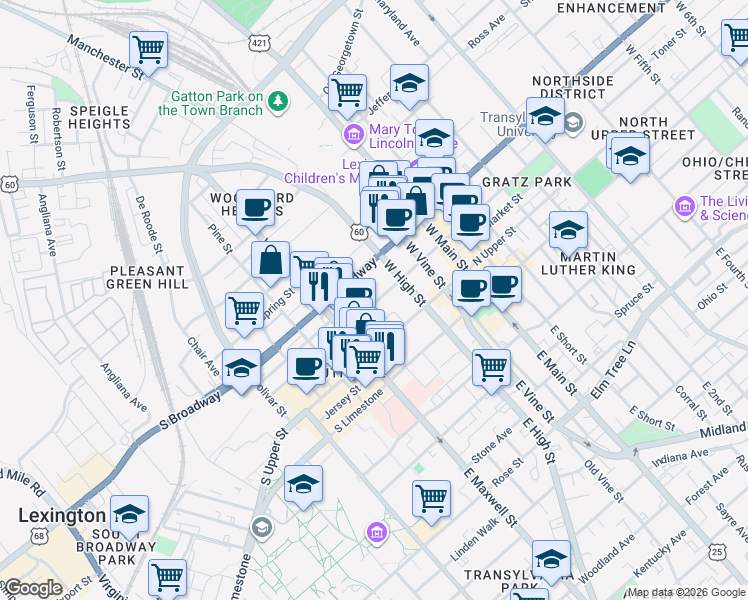 map of restaurants, bars, coffee shops, grocery stores, and more near 337 South Mill Street in Lexington