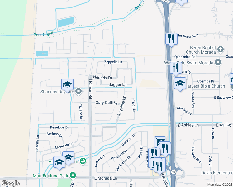 map of restaurants, bars, coffee shops, grocery stores, and more near 3712 Massimo Circle in Stockton