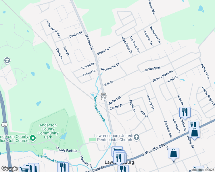 map of restaurants, bars, coffee shops, grocery stores, and more near 426 North Main Street in Lawrenceburg