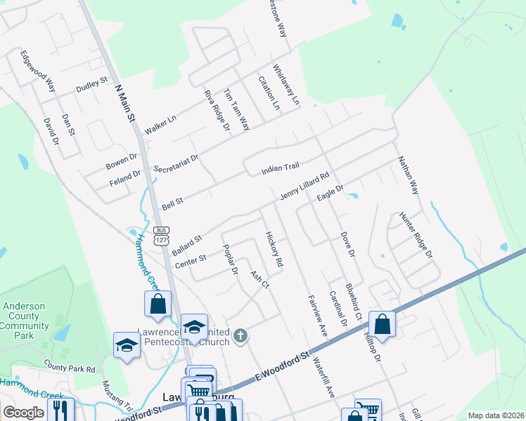 map of restaurants, bars, coffee shops, grocery stores, and more near 181 Hickory Road in Lawrenceburg