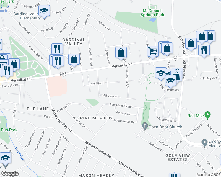 map of restaurants, bars, coffee shops, grocery stores, and more near 730 Hill Rise Court in Lexington