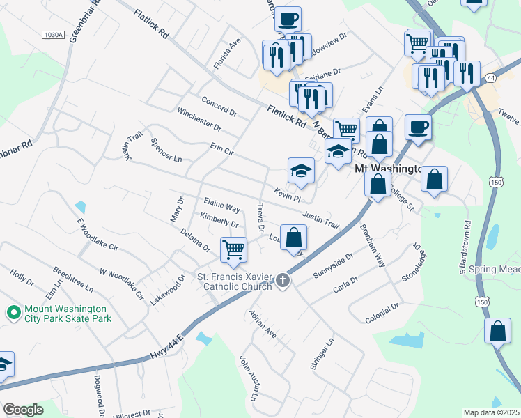 map of restaurants, bars, coffee shops, grocery stores, and more near 156 Erin Circle in Mount Washington