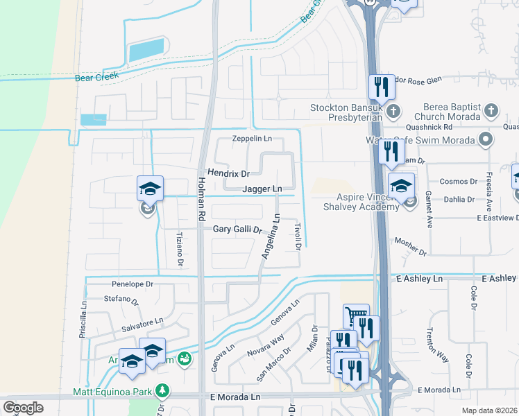 map of restaurants, bars, coffee shops, grocery stores, and more near 3744 Massimo Circle in Stockton