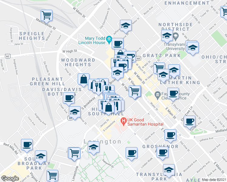 map of restaurants, bars, coffee shops, grocery stores, and more near 359 South Mill Street in Lexington