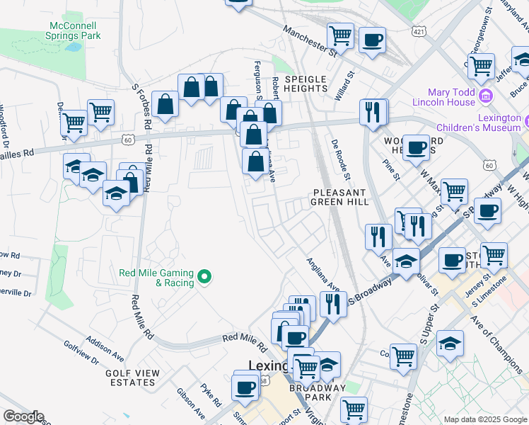 map of restaurants, bars, coffee shops, grocery stores, and more near 534 Angliana Avenue in Lexington