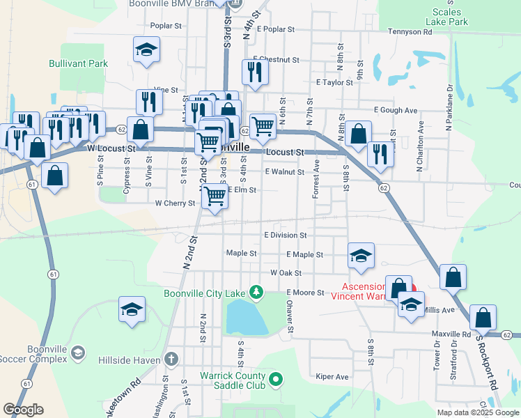 map of restaurants, bars, coffee shops, grocery stores, and more near 420 South 5th Street in Boonville