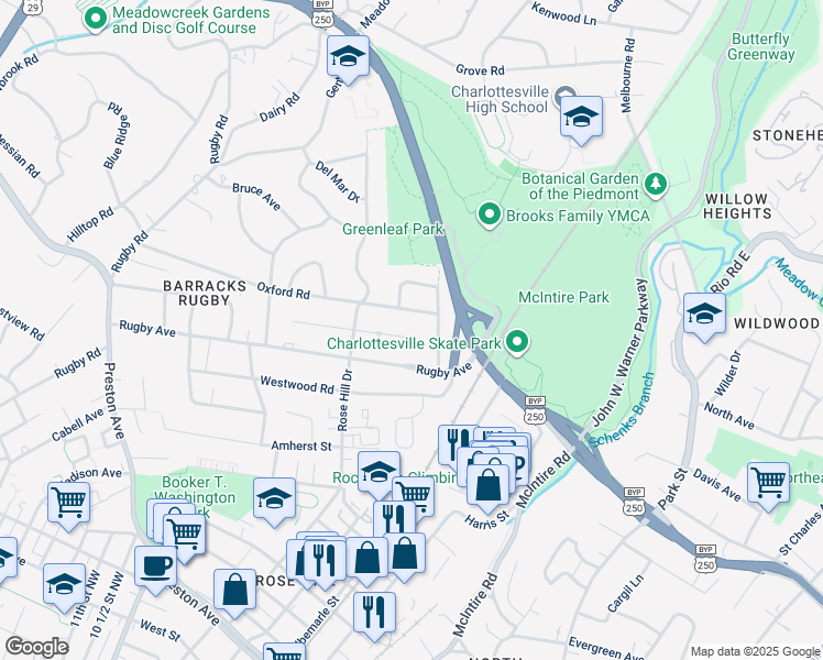 map of restaurants, bars, coffee shops, grocery stores, and more near 1411 Rutledge Ave in Charlottesville