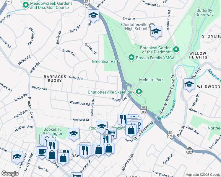 map of restaurants, bars, coffee shops, grocery stores, and more near 1411 Rutledge Ave in Charlottesville