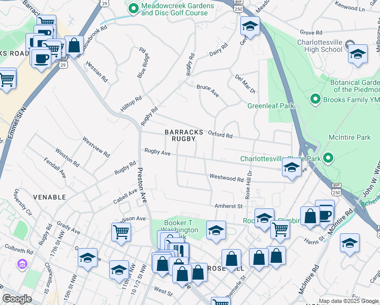 map of restaurants, bars, coffee shops, grocery stores, and more near 1621 Rugby Avenue in Charlottesville