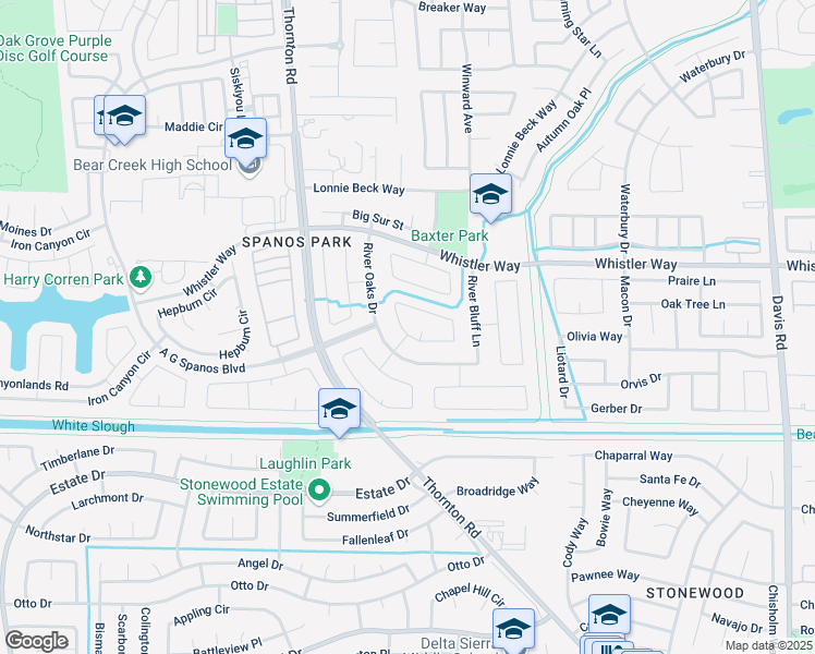 map of restaurants, bars, coffee shops, grocery stores, and more near 10293 River Park Circle in Stockton