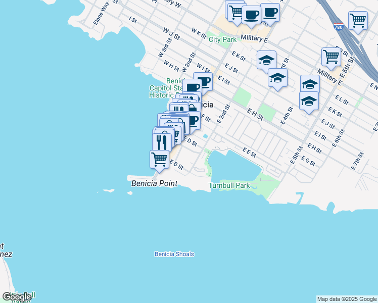 map of restaurants, bars, coffee shops, grocery stores, and more near 350 Marina Village Way in Benicia