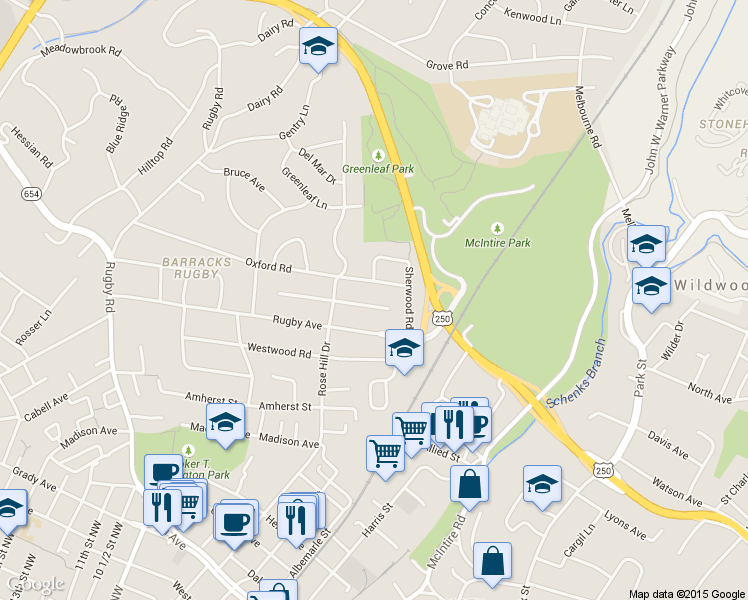 map of restaurants, bars, coffee shops, grocery stores, and more near 1419 Rutledge Avenue in Charlottesville