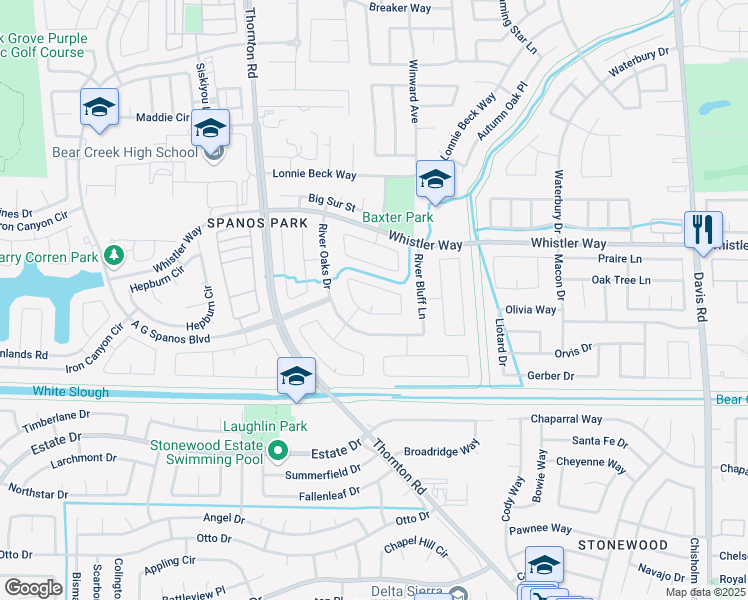 map of restaurants, bars, coffee shops, grocery stores, and more near 10293 River Park Circle in Stockton