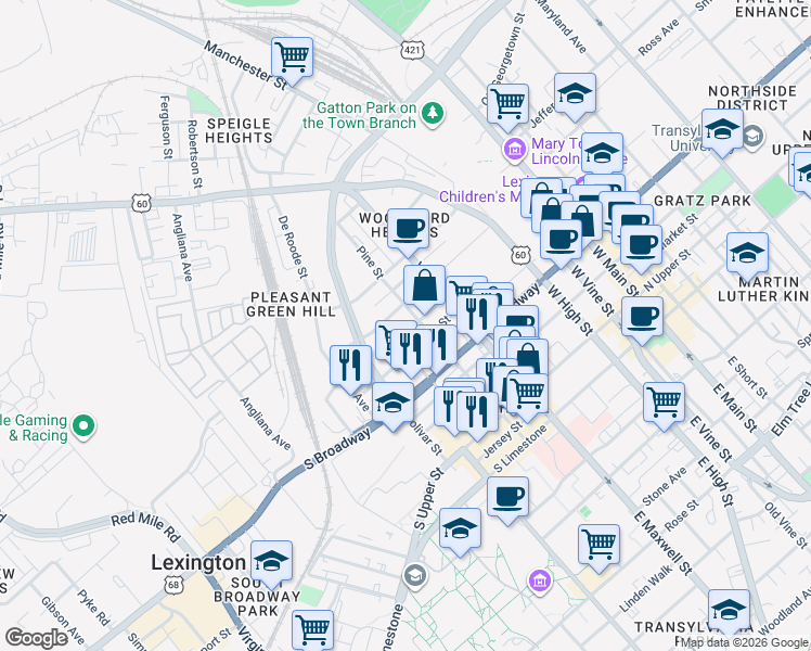 map of restaurants, bars, coffee shops, grocery stores, and more near 512 Dunaway Street in Lexington