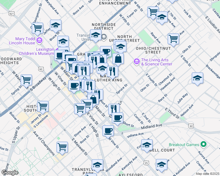 map of restaurants, bars, coffee shops, grocery stores, and more near 180 North Martin Luther King Boulevard in Lexington