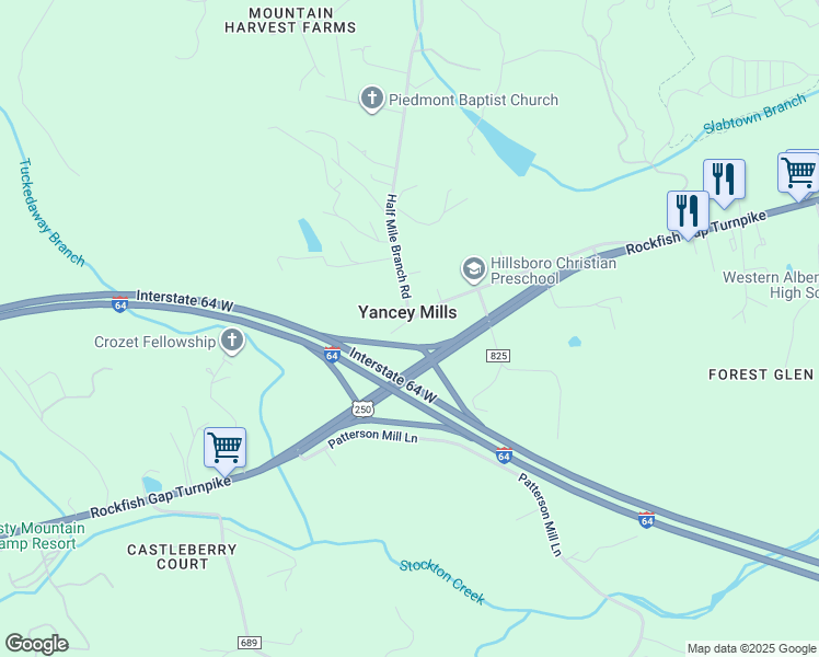 map of restaurants, bars, coffee shops, grocery stores, and more near 6495 Hillsboro Lane in Crozet