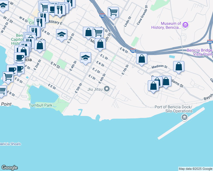 map of restaurants, bars, coffee shops, grocery stores, and more near 648 East I Street in Benicia