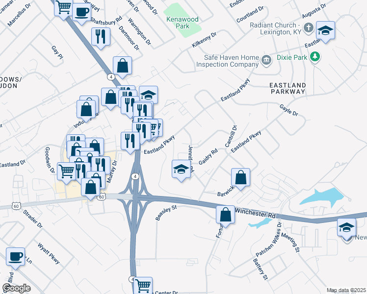 map of restaurants, bars, coffee shops, grocery stores, and more near 1624 Jennifer Road in Lexington