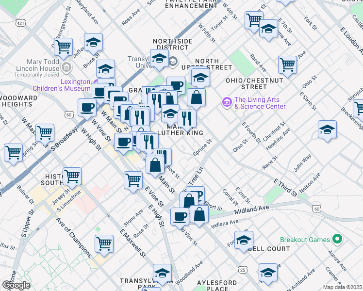 map of restaurants, bars, coffee shops, grocery stores, and more near 221 Corral Street in Lexington