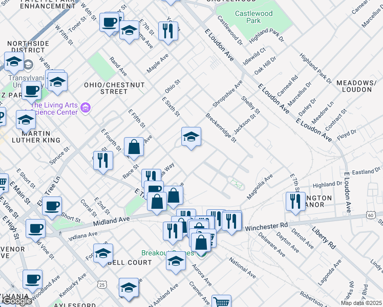 map of restaurants, bars, coffee shops, grocery stores, and more near 555 East Fifth Street in Lexington