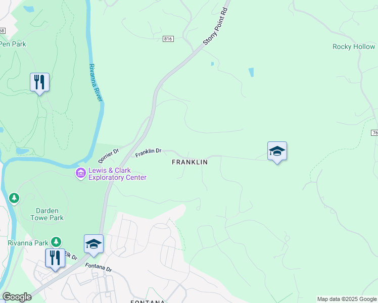 map of restaurants, bars, coffee shops, grocery stores, and more near 1750 Franklin Drive in Charlottesville