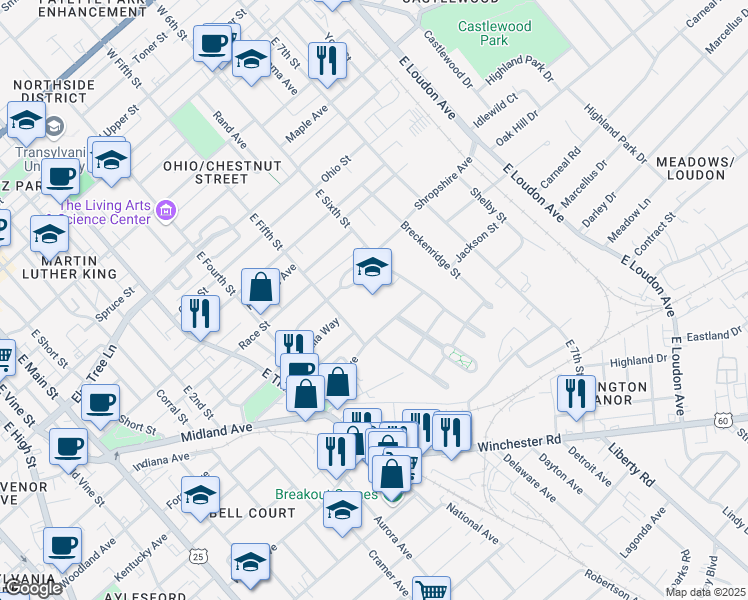 map of restaurants, bars, coffee shops, grocery stores, and more near 555 East Fifth Street in Lexington