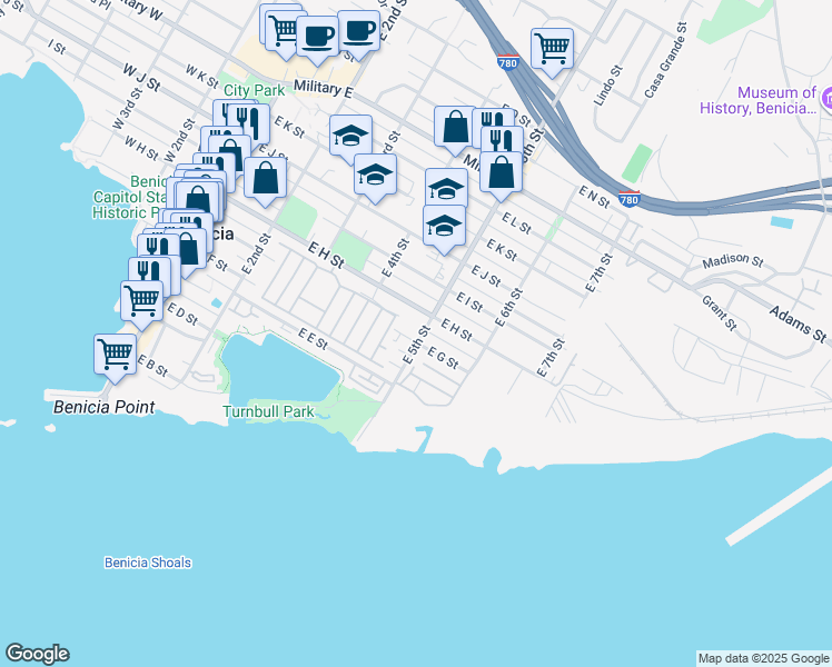 map of restaurants, bars, coffee shops, grocery stores, and more near 480 East G Street in Benicia