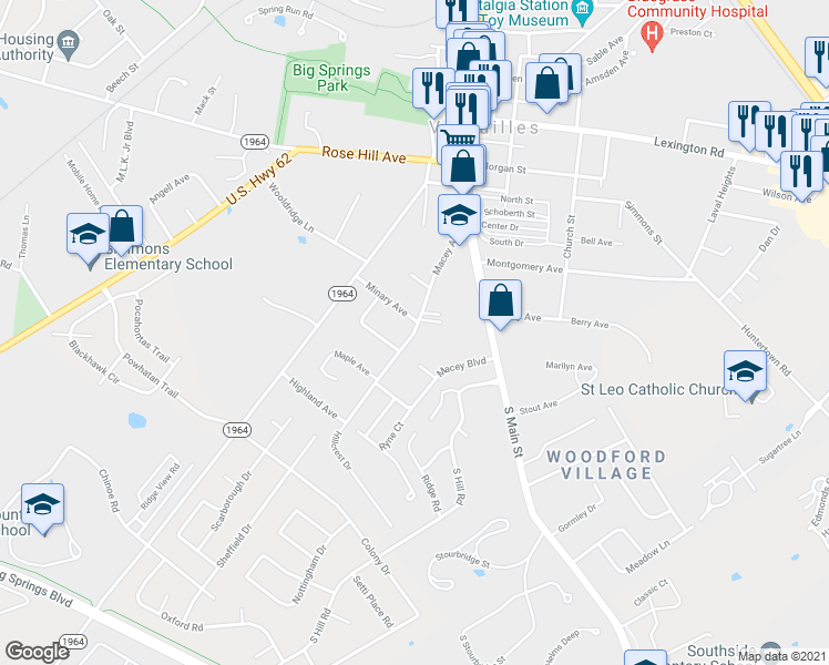 map of restaurants, bars, coffee shops, grocery stores, and more near 204 Macey Avenue in Versailles