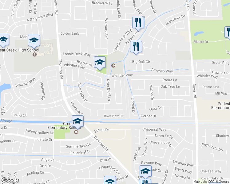 map of restaurants, bars, coffee shops, grocery stores, and more near Creek Trail Circle in Stockton