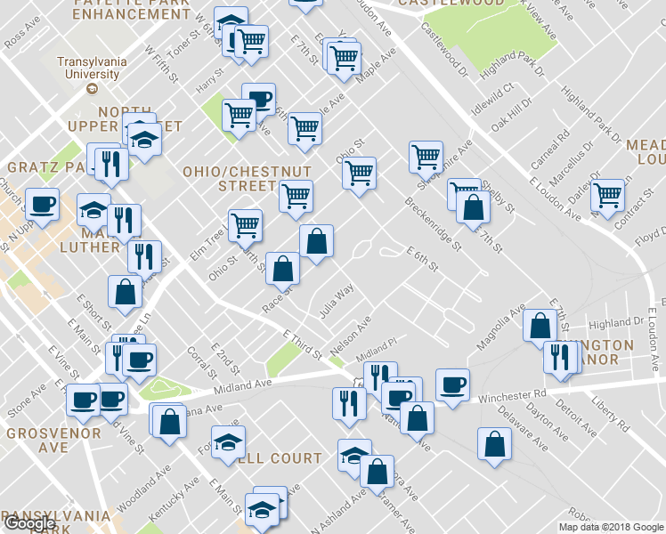 map of restaurants, bars, coffee shops, grocery stores, and more near 481 Shropshire Avenue in Lexington