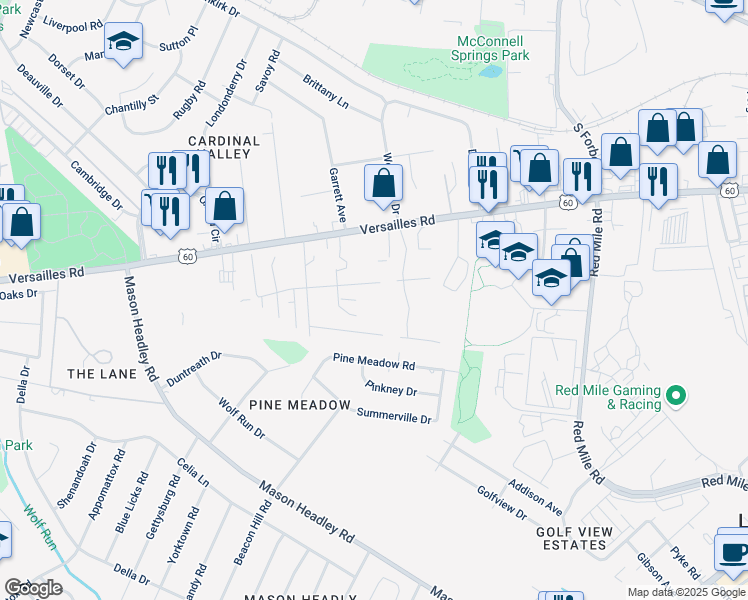 map of restaurants, bars, coffee shops, grocery stores, and more near 1608 Hill Rise Drive in Lexington
