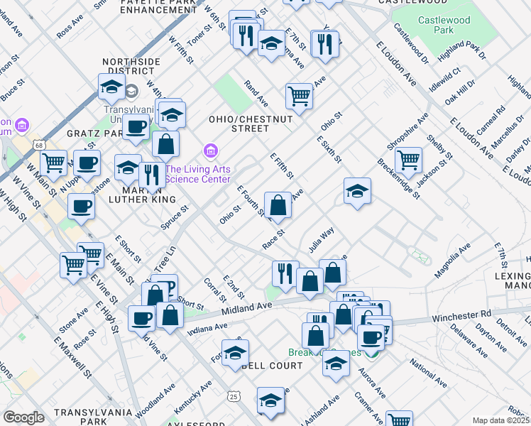 map of restaurants, bars, coffee shops, grocery stores, and more near 412 Hawkins Avenue in Lexington