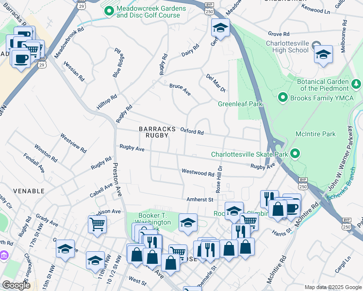 map of restaurants, bars, coffee shops, grocery stores, and more near 1107 Wellford Street in Charlottesville