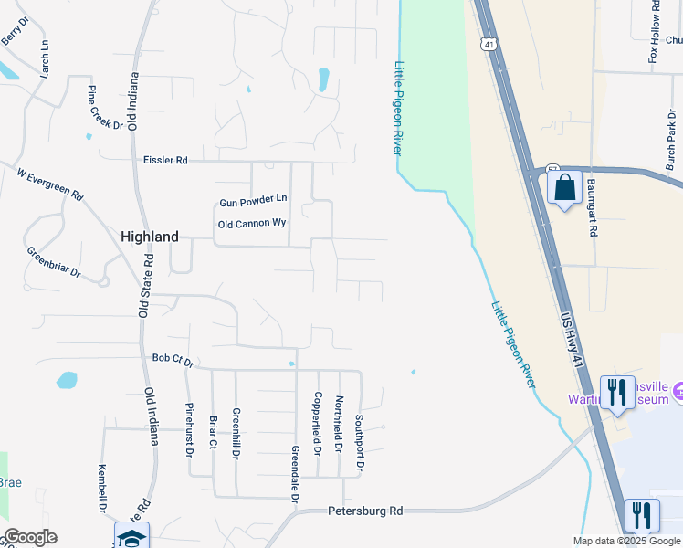 map of restaurants, bars, coffee shops, grocery stores, and more near 7401 Miranda Dr in Evansville